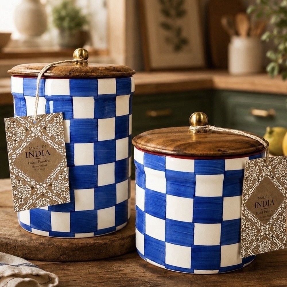 New MACKENZIE CHILD'S INSPIRED Set Of 2 Blue Small + Large Checkered CANISTERS